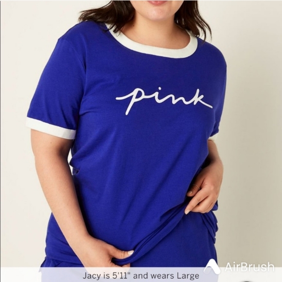 PINK VS Campus Ringer Tee Royal Blue & White Logo Script - Picture 5 of 6